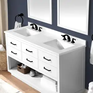 Tocador de baño con encimera de mármol, lavabo blanco de 60 pulgadas, espejo, doble lavabo