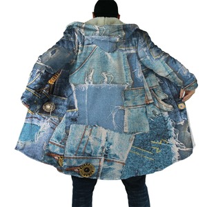 Unisex Casual Winter Coat with Vintage <b>Denim</b> Pocket 3D Printed Wool Warm Cape New Season Crew Neck Design Men's <b>Jackets</b> - Product Image 6