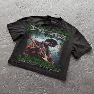 Camiseta Negra de Algodón 100% Tejido, Estampado DTG con Gráficos de Pedrería, Estilo Vintage, Personalizada, de Alto Gramaje, Lavado Ácido, Efecto Desgastado, Streetwear - Product Image 4