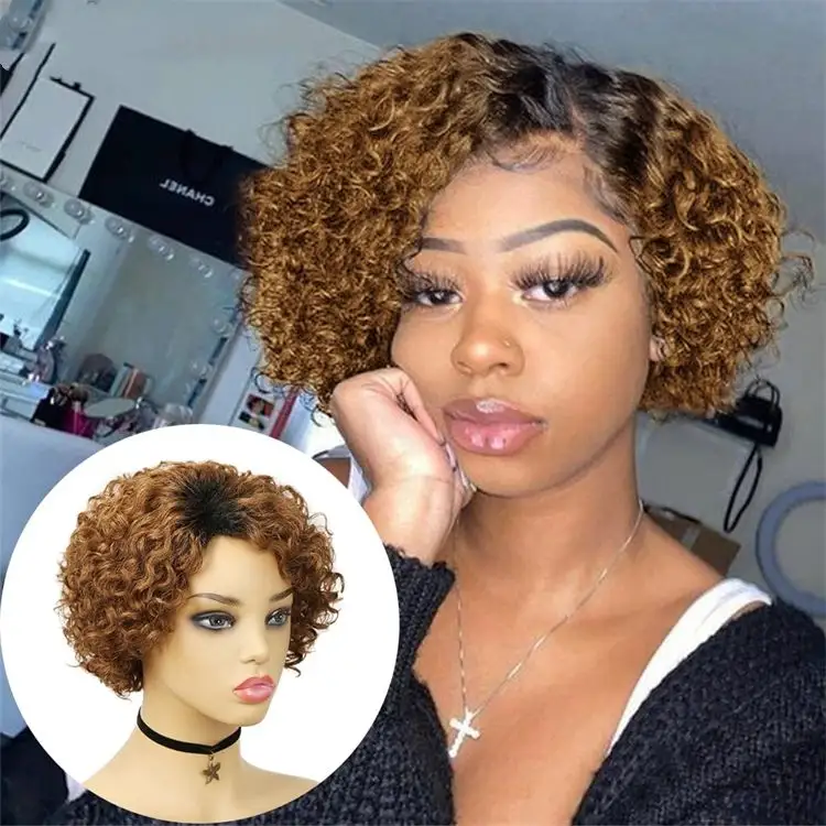 Wholesale Brown Brazilian Remy Hair High Density Glueless Side Part t Human Hair Short Curly Pixie Wig