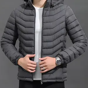 Veste à capuche légère en polyester 100% pour hommes, manteau d'hiver décontracté à col montant et logo sur le devant avec poches - Product Image 1