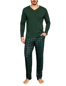 Conjunto de Pijama de Algodón Premium para Hombre con Pantalones a Cuadros, Ropa de Dormir Cómoda para Hombre, Estilo Relajado, Costuras Ligeras y Duraderas - Product Image 1