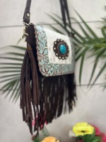 Bolso de mano de cuero vacuno occidental con flecos, bolso bandolera de color turquesa con piedras, estilo gitano bohemio occidental, bolso hecho a mano, bolsos multiusos