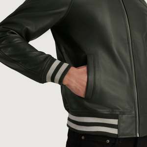 Walton Casual Green Leather Varsity <b>Jacket</b> with <b>Sheepskin</b> Cowhide Hoodie Collar Zippered ODM Supplied for Autumn Season XS Size - Product Image 6