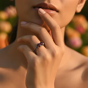 Bague classique à trois pierres en rubis, plaquée or 9 carats, bijoux de fiançailles pour femme, pierre de naissance de juillet, sertissage à griffes rondes - Product Image 1