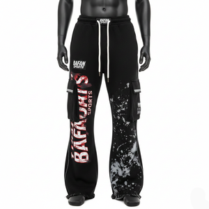 กางเกงขาบานผ้าฟลีซคอตตอนพรีเมียม สีดำ แต่งแถบตัดกัน สไตล์คาร์โก้ พิมพ์ลายสกรีนโลโก้ตามสั่ง กางเกงขาบานผู้ชาย - Product Image 6