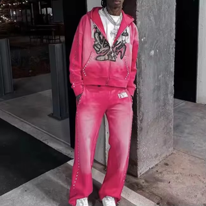 Ensemble de survêtement unisexe en molleton 100 % coton personnalisé, coupe oversize, avec appliqué brodé et strass, fermeture éclair, style streetwear automne - Product Image 1