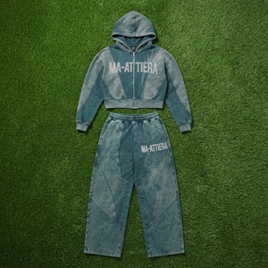 Conjunto de Sudadera Corta con Cremallera y Pantalones Jogger de Pierna Ancha para Mujer, Color Verde Azulado Oscuro, Lavado Ácido, de Algodón y Felpa, Estilo Urbano, OEM al por Mayor - Product Image 5