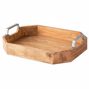 Plateau en bois d'acacia au design tendance, finition naturelle, plateau de service en bois durable avec poignées en métal pour les fêtes, abordable - Product Image 3