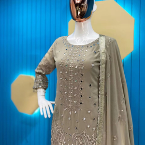 Designer vert olive Georgette Sharara Suit Heavy Sequence Work Vêtements ethniques pour les fêtes, les mariages et les occasions festives - Product Image 1