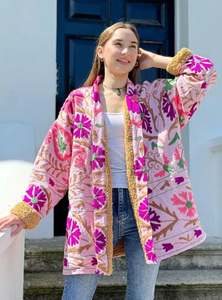 2025 Pink <b>Velvet</b> Suzani Bright Embroidered Duster <b>Jacket</b>| Uzbek Festival <b>Jacket</b> | Vintage Kimono Style Outerwear Best Quality - Product Image 3