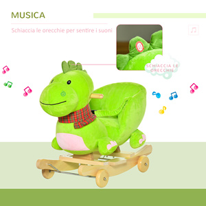 HOMCOM-Cheval à bascule avec roues, cheval à bascule en forme de dragon pour enfants de 18 à 36 mois, en bois et peluche vert - Product Image 5