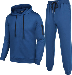 <b>Mens</b> Solid Blue Training Sportswear Sets Eco-Friendly <b>Pullover</b> Hoodie Sweatpants with Long Drawstring OEM Tracksuits - Product Image 1
