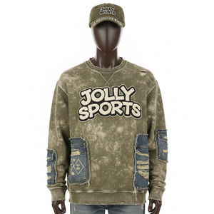 Sudadera Básica de Felpa Suave de 360 g/m², Color Caqui, con Paneles de Mezclilla, Logotipo Personalizado Bordado y Apliques - Product Image 1