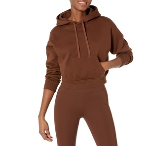 Sweat-shirt à capuche court marron pour femme, couleur unie, manches longues, tricoté, avec poches, pour l'automne - Product Image 1