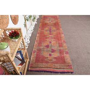 พรมวินเทจตุรกี ขนาด 3x10.4 ฟุต พรมเฮอร์กี สีแดงส้มลายดอกไม้ - Product Image 1
