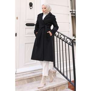 Manteau en laine noir pour femme avec ceinture, collection 19271, manteaux élégants en duvet - Product Image 1