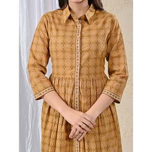 Vestido Casual Hippie de Fiesta de Algodón con Estampado y Cintura Impero Color Mostaza, Diseño Personalizado, Transpirable y Talla Única (XS-XL) - Product Image 2