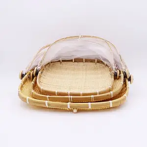 High quality natural bamboo food cover netted trays handmade basket tent food with white mesh nets