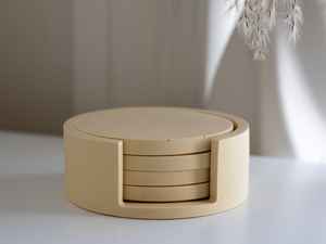 Circle Stone <b>Coaster</b> <b>Set</b> <b>With</b> <b>Holder</b> <b>Set</b> Of 4 Minimalist Neutral Handmade Homeware Drinkware Gift - Product Image 4