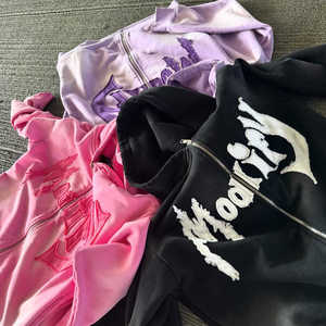 Streetwear sweat à capuche zippé délavé à l'acide sweat-shirt à capuche décoloré patchs de broderie en détresse Vintage sweats à capuche courts - Product Image 5