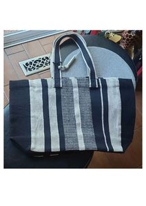 Wholesale Navy Stripe Artisan Woven Tote <b>Bag</b> With Wide And Thin Stripe Pattern Handloom Fabric Navy And Cream Daily Carry <b>Bag</b> - Product Image 2