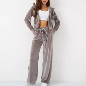 Tenues 2 pièces pour femmes Survêtement en velours Deux pièces Survêtements Sweat à capuche zippé Jacke Casual Jogging Set avec poches - Product Image 5