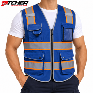 Veste de sécurité réfléchissante bleue personnalisée en gros, haute visibilité, multi-poches, avec fermeture éclair, pour travaux de construction - Product Image 1