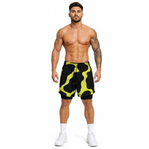 Shorts de sport pour homme, noir et jaune, style streetwear, séchage rapide, anti-UV, écologiques, taille élastique, mi-longueur, tricotés - Product Image 4