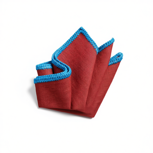 Handmade Knitted <b>Edge</b> Signature Border Linen Pocket <b>Square</b> Red and Blue Tile Design Men's Blazer Suit Dining Accessory - Product Image 3