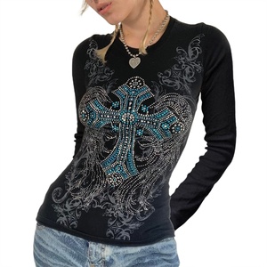 Camisetas de Moda Urbana Hip Hop Gótica con Pedrería para Mujer, Transpirables, Nuevas, Casuales, de Invierno, de Manga Larga, de Diseñador - Product Image 1