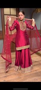 Conjunto de secuencia bordada elegante de seda satinada Natural pura de diseñador estilo moderno para fiestas bodas Diwali - Product Image 3