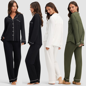 Conjunto de Pijama de Manga Larga de Viscosa de Bambú Sólido Personalizado OEM para Mujer, Ropa de Dormir Transpirable, Suave y Elástica, Pantalones Elásticos, Ropa de Noche - Product Image 2