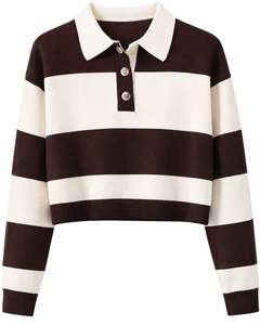 Womens <b>Brown</b> And White Striped Cropped Polo Sweater <b>Long</b> <b>Sleeve</b> Ribbed Hem Button Placket Casual Winter Knit <b>Top</b> Pullover Styles - Product Image 1