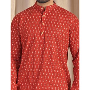 Kurta court en coton popeline rouge imprimé pour homme, chemise décontractée à manches longues, respirante et confortable - Product Image 2