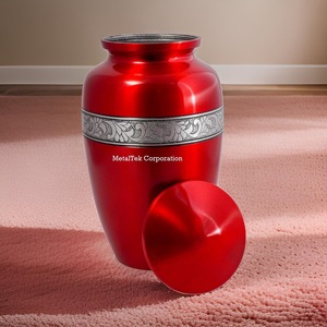 Urna de cremación clásica roja brillante con recuerdo de banda plateada Cenizas para adultos Estilo americano Nuevo diseño Entierro funerario Tarro de urnas de metal - Product Image 4
