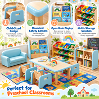 Ensemble de mobilier de classe préscolaire pour centre d'apprentissage précoce et garderie : bureau en bois pour enfants, sièges, armoire de rangement et aire de jeux souple