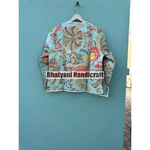 Indian Cotton Handmade Quilted Turquoise Floral <b>Short</b> Coat Unisex Jarkin Boho Reversible <b>Jacket</b> Full <b>Sleeves</b> Breathable Warm - Product Image 5