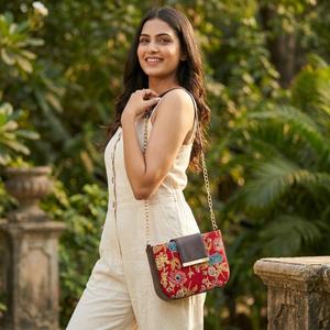 Crimson Bloom Floral Mini Crossbody Bag Gold Chain Strap <b>Vegan</b> <b>Leather</b> Trim Ethnic Chic Sling Purse Women Soft Durable - Product Image 2