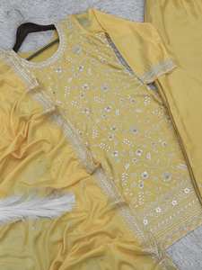 Hermoso conjunto de 3 piezas de salwar kameez de seda listo para usar con dupatta, bordado con hilo y lentejuelas, elástico y sin arrugas. - Product Image 3