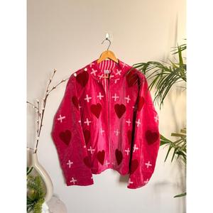 Autumn Pink <b>Velvet</b> Kantha Hearts Blazer Quilted Varsity Bomber <b>Jacket</b> with Custom Logo Short Length Outerwear Ladies 100% Cotton - Product Image 1