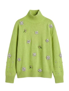 Pull en laine/acrylique pour femme, style coréen, coupe ample, tissu tricoté durable, manches longues, col écharpe, ornements - Product Image 2