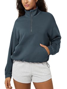 Sweat-shirt décontracté pour femme en modal doux, coupe ample, anti-plis, doublé, demi-zip, poches, col montant ajustable, personnalisé, à manches courtes - Product Image 1