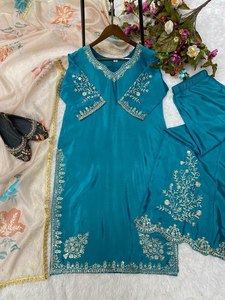 Conjunto de Salwar y Dupatta de Tela de Piel Sintética para Mujer, Color Intenso y Hermoso Bordado, Estilo Sencillo y Elegante, Especial para Fiestas Nocturnas - Product Image 6