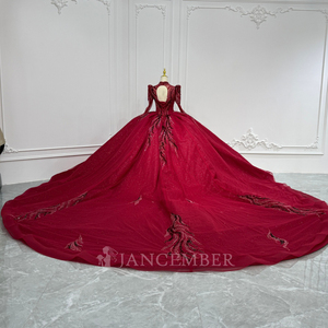 XS236 Muslim High Neck Red Full Sleeve Lace Beading Appliques <b>Crystal</b> <b>Ball</b> Gown Natural Waist Print Evening Party Dresses - Product Image 4