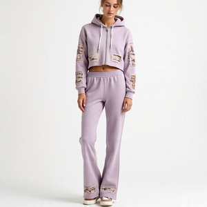 Ensemble 2 pièces personnalisé sweat-shirt pour femme avec patch de broderie vieilli sweat-shirt à capuche et pantalon de survêtement zippés ensemble survêtement pour femmes - Product Image 6