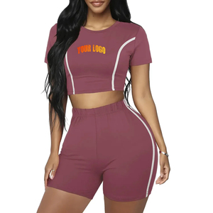 Nouveauté 100% coton délavé à l'acide été décontracté vêtements de sport 2 pièces haut court chemise et short ensemble pour femmes - Product Image 1