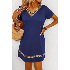 Women's Short-Sleeved V-Neck Ethnic Patterned <b>Viscose</b> <b>Dress</b> with Stripe Detail, 36478 - Saks Blue - Product Image 1