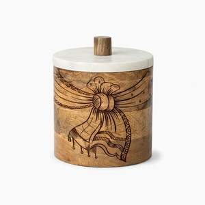 Wooden Storage Jar with Sacred Om Symbol Carving and Marble <b>Lid</b> Ideal <b>for</b> Yoga and Meditation Spaces - Product Image 2