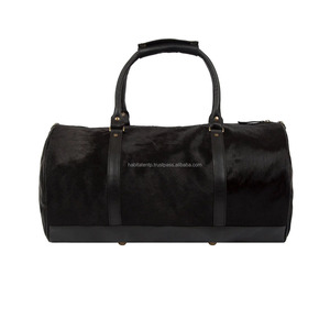 Black Poly Hair Cowhide Leather Classic Duffle <b>Bags</b> Travel Unisex Luggage <b>Overnight</b> <b>Bag</b> - Product Image 4